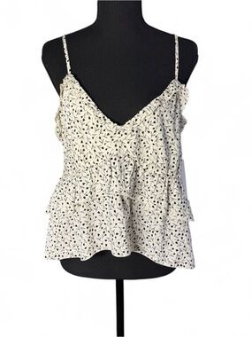Amber Sky Young Contemporary Floral Ruffle Cami Tank Top Size M Cream Black NEW